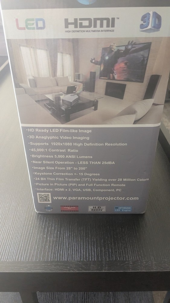 Paramount Projector 4K Ultra, LED Digital Blu-Ray, 3D w Remote Control