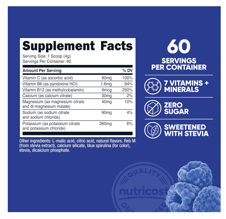 Nutricost Blue Raspberry Electrolyte Drink Mix Zero Sugar Hydration Supplement