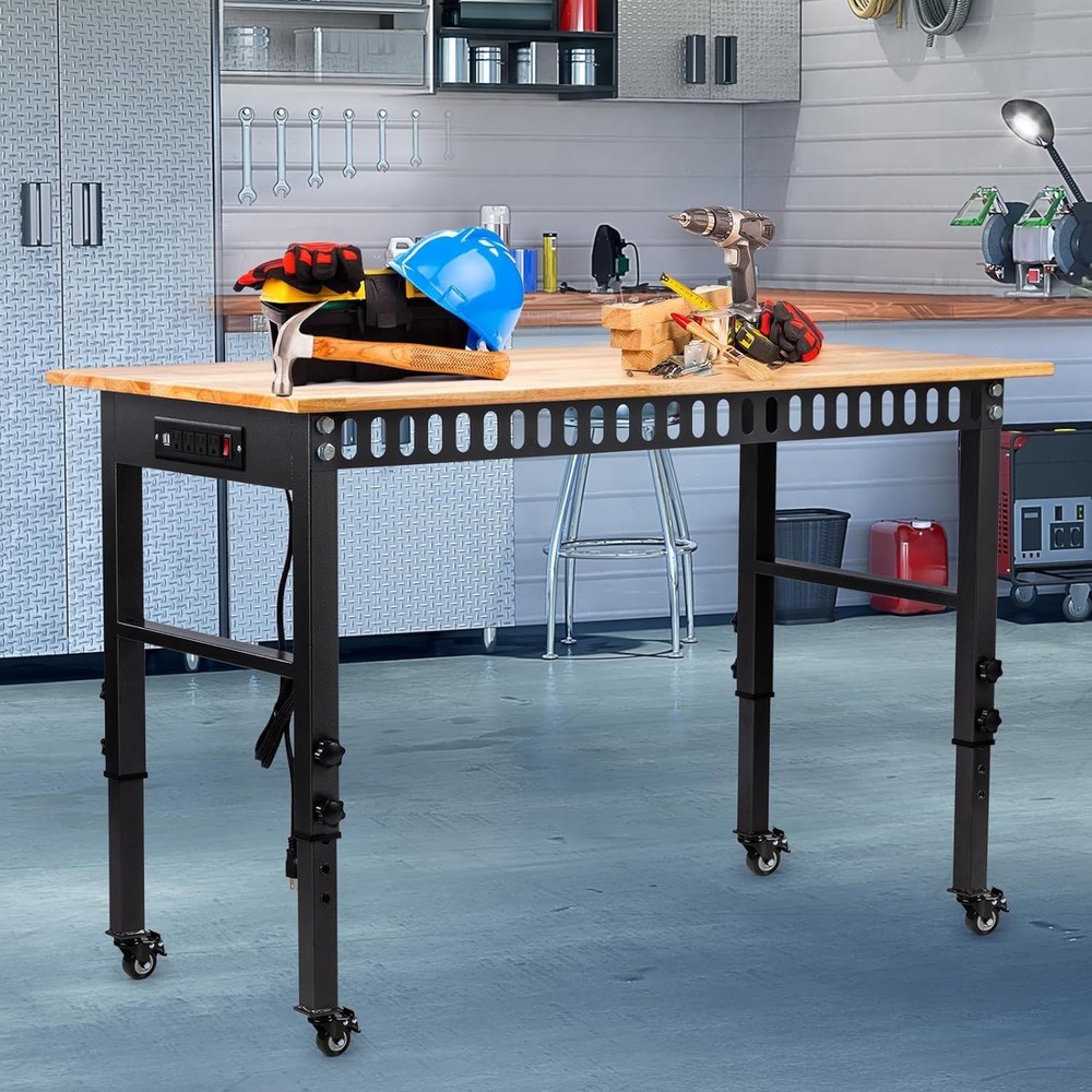 Eco-Friendly Rubber Wood Workbench with 2000 LBS Capacity - Adjustable & Mobile
