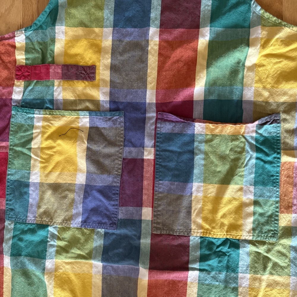 Crate & Barrel Bib Apron Striped Multi Colored Patchwork Pockets 34"l