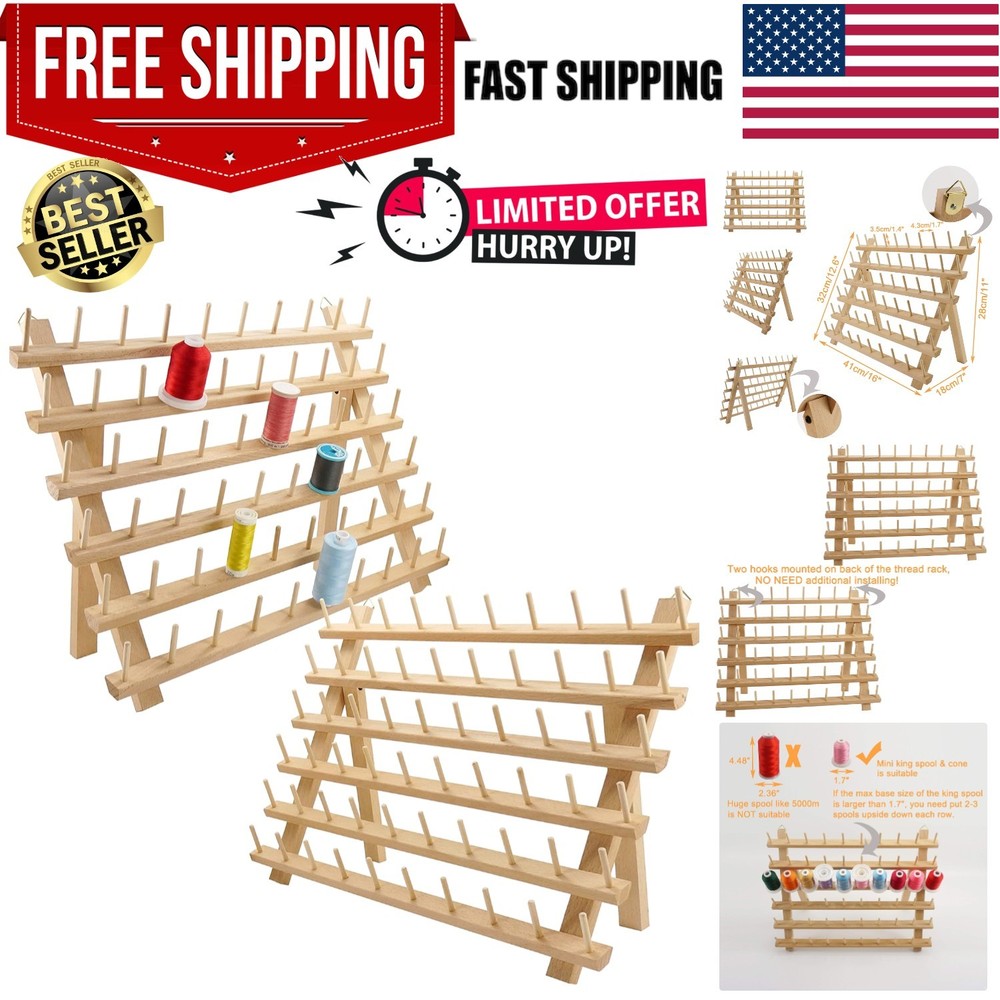 2X60 Spools Wooden Thread Rack/Thread Holder Organizer with Hanging Hooks for...