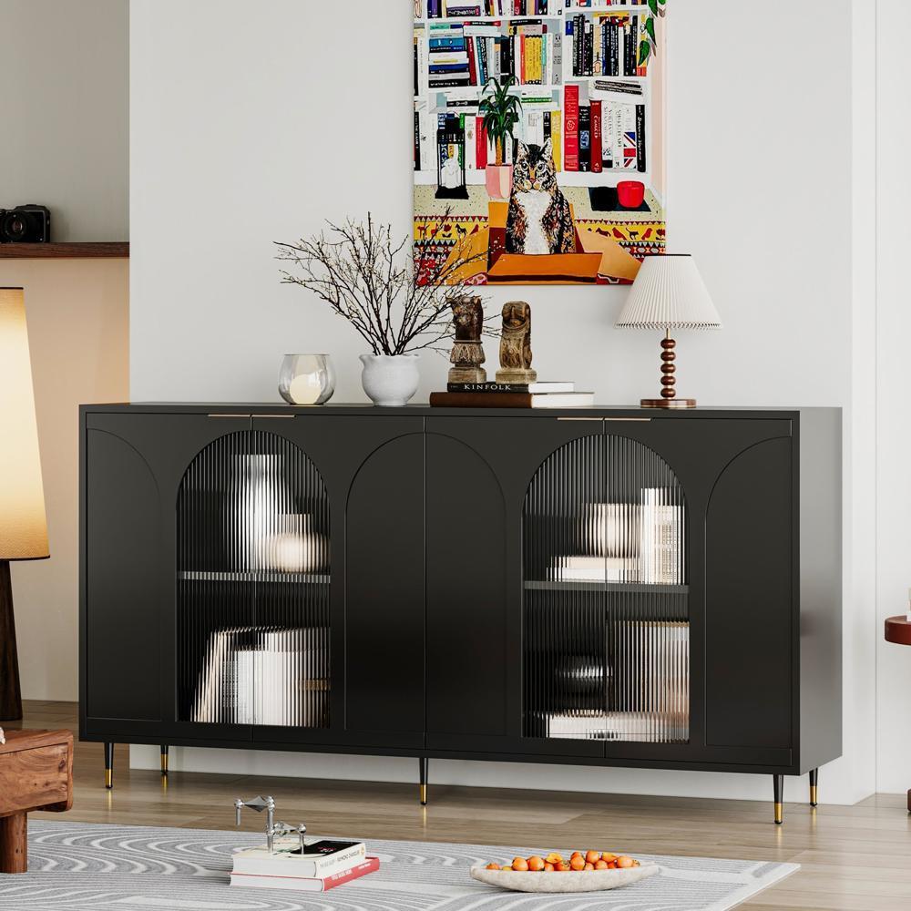 Sideboard Buffet Server Cabinet Storage Cabinet with 4 Glass Doors Black