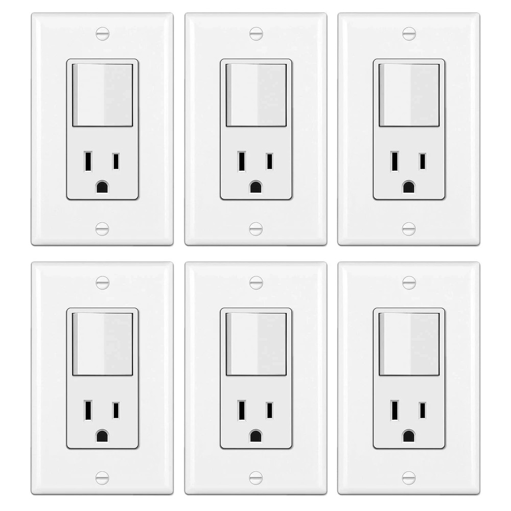 6 Pack Combination Wall Light Switch and Decor Outlet, Single Pole