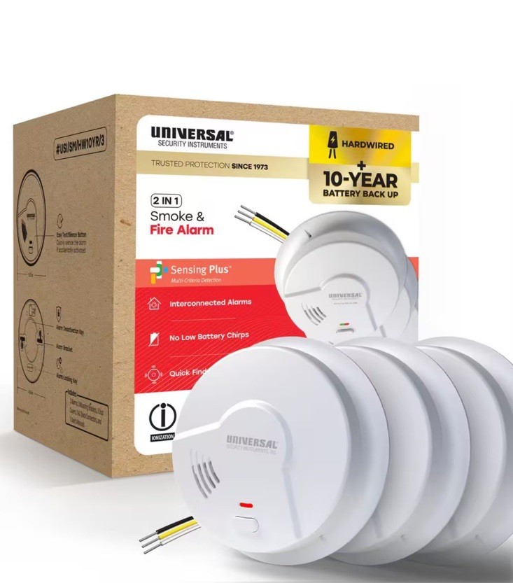 Universal Security 3 Pack Hardwired Smoke Detector W/ Ionization Sensor