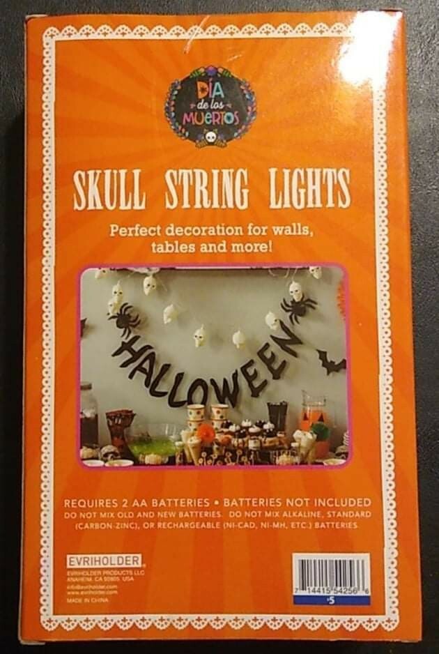 Skull String Light Set 10 bulbs 6.5' lasts 120 hours battery operated Multicolor