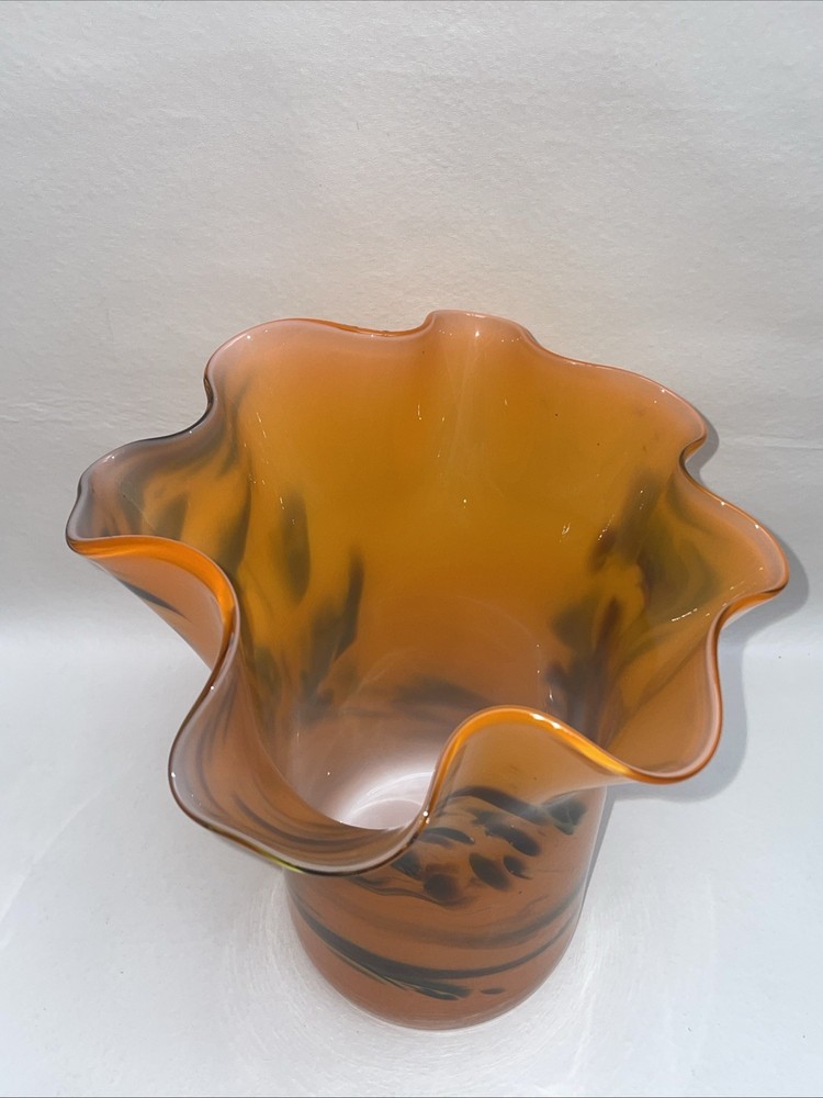 Orange Hand Blown Ruffle Edge Vase 9”