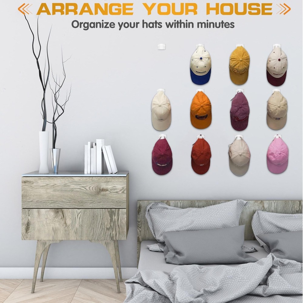Adhesive Hat Hooks for Wall (12 PCS) - Hat Racks for Baseball Caps, Minimalis...