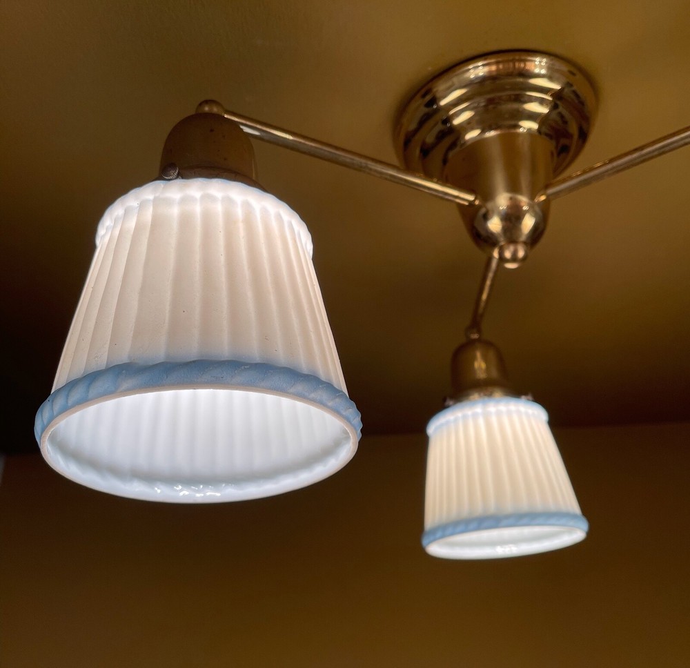 VERY LOW brass ceiling light with Blue Shades