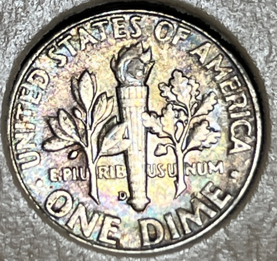 1947 D Roosevelt Silver Dime Rainbow Toning Both Sides Uncirculated
