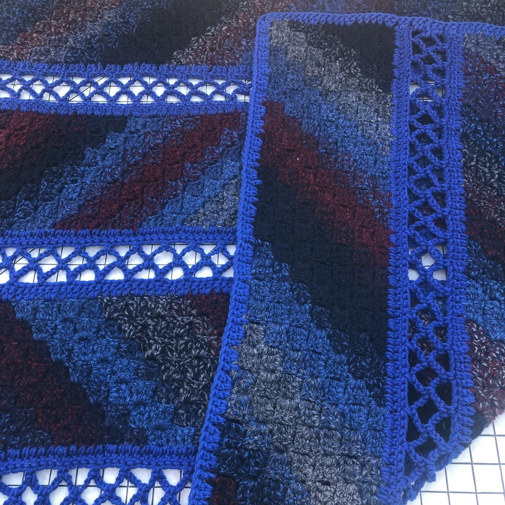 Afghan Blue, Grey, Red & Black 4 Panel 38x48” Throw