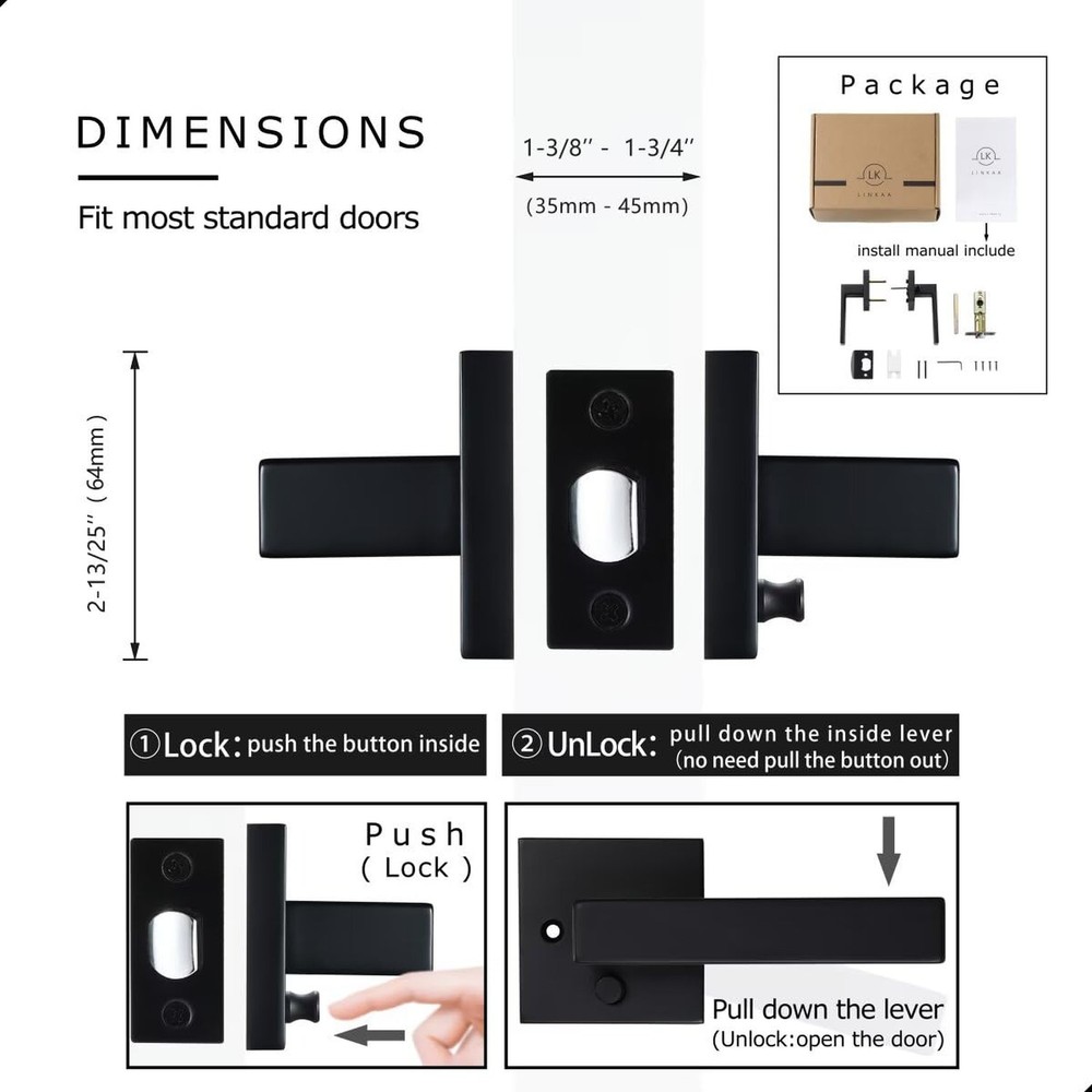 Linkaa Black Door Handles Interior （3 Pack，Push Button Lock，
