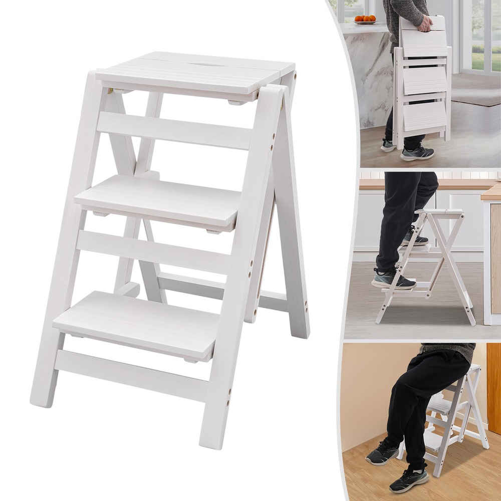 3-layer Folding Step Ladder Folding Wooden Step Stool Not Require Assembly White