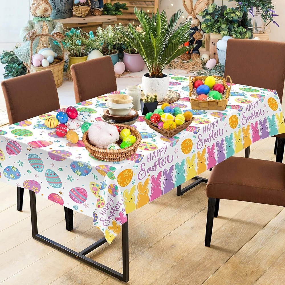 2 Pcs Happy Easter Table Cloth - Plastic Bunny Eggs Tablecloth, Disposable Re...