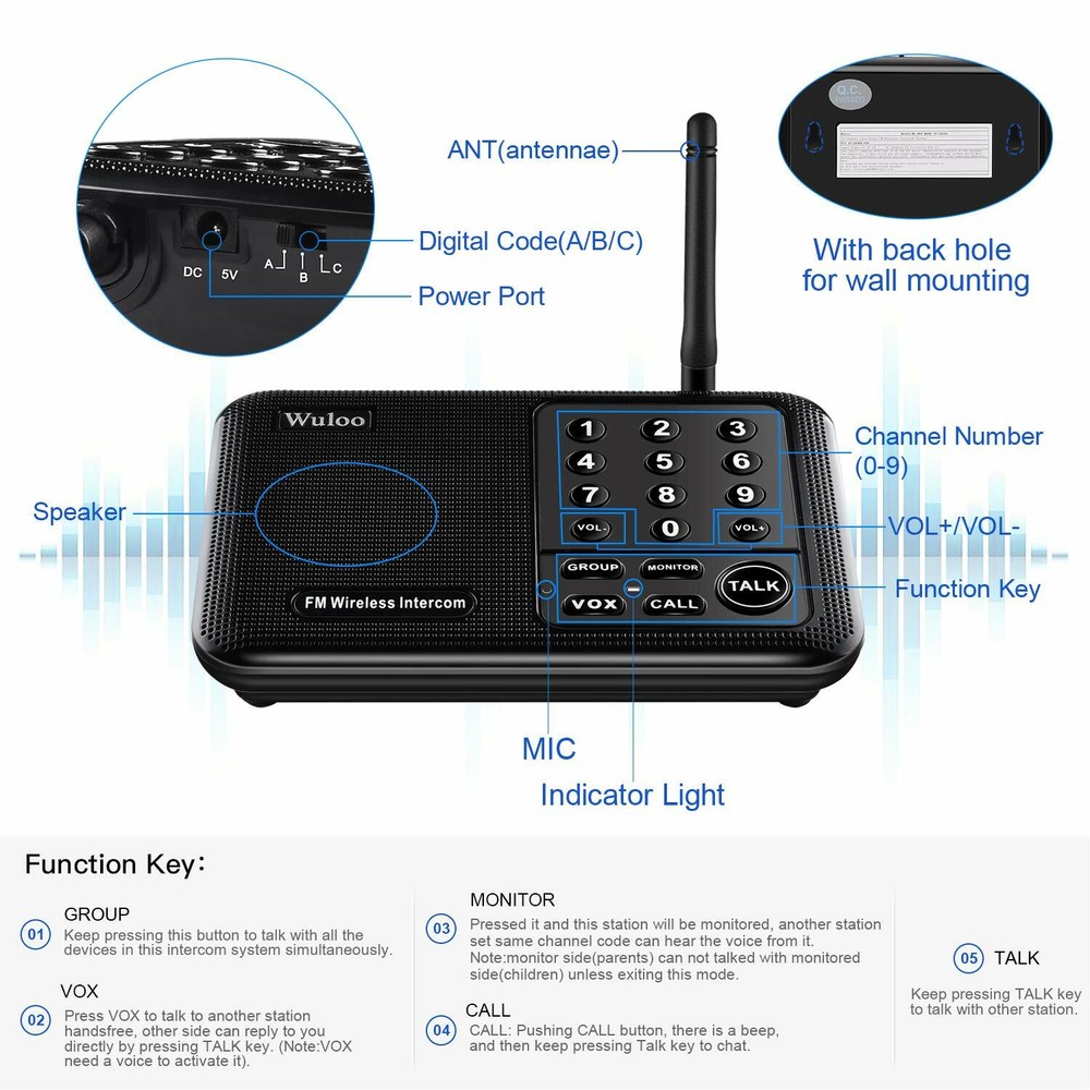 Wuloo 10Channel Wireless Intercom System for Home Office Room & Room Communicate