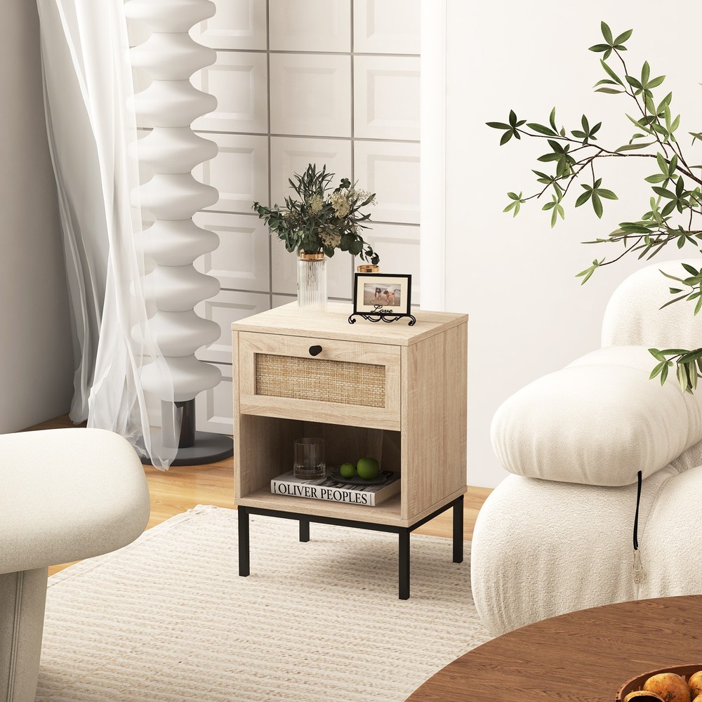 2 PCS Boho Style Nightstand Compact End Table w/Rattan Drawer & Open Shelf