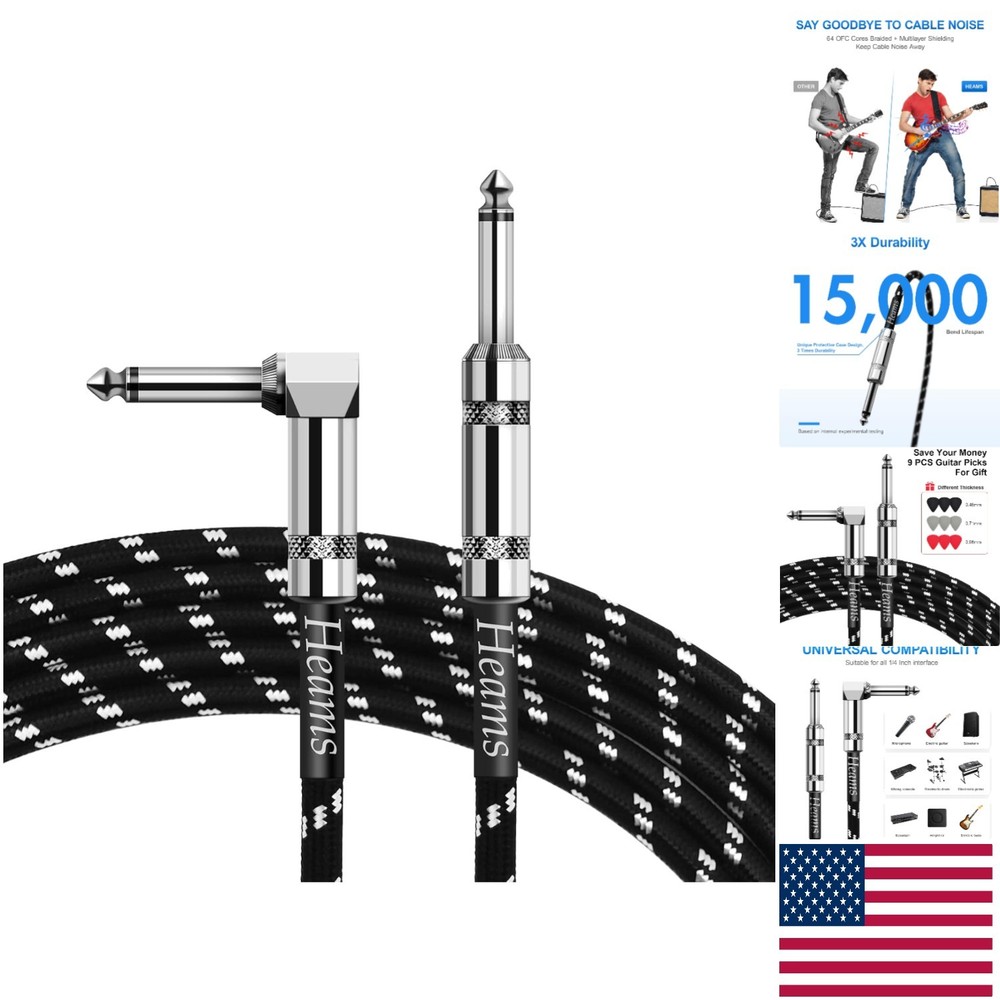 Noise-Free 10 FT Amp Cord - Ultimate Durability & Right Angle Compatibility