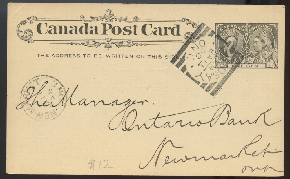 🍁LINDSAY, ONT. JA 11 1898 nice Squared Circle stat post card Canada
