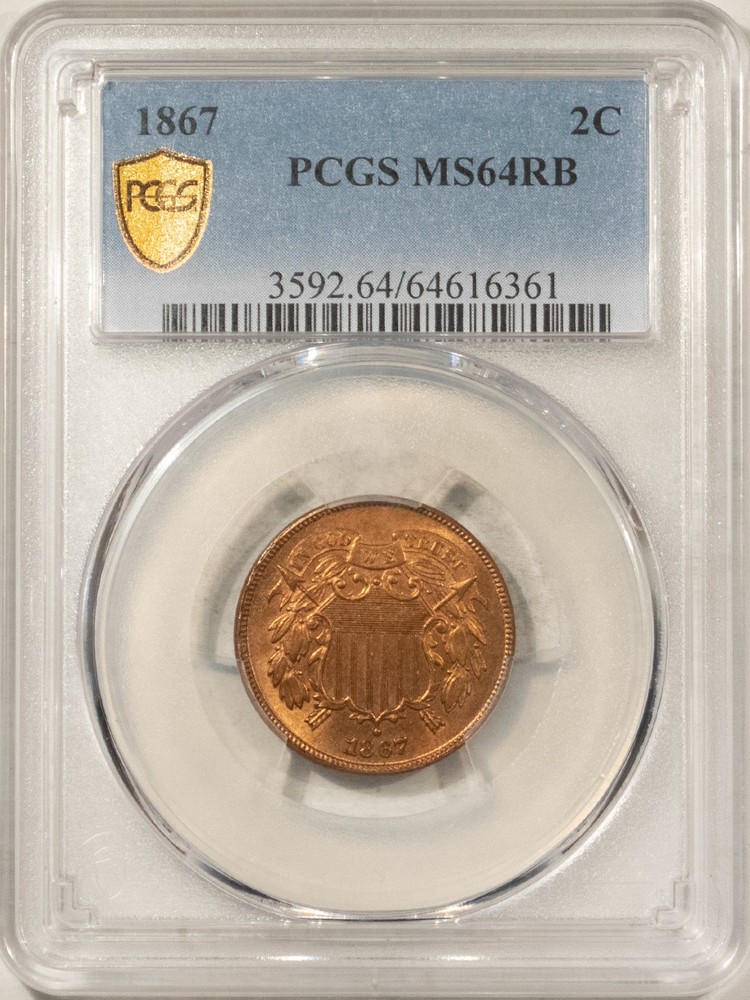 1867 TWO CENT PIECE - PCGS MS-64 RB, LOOKS FULL RED!
