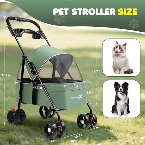 Pet Stroller for Small Dogs and Cats, One-Click Foldable Cat Stroller Green