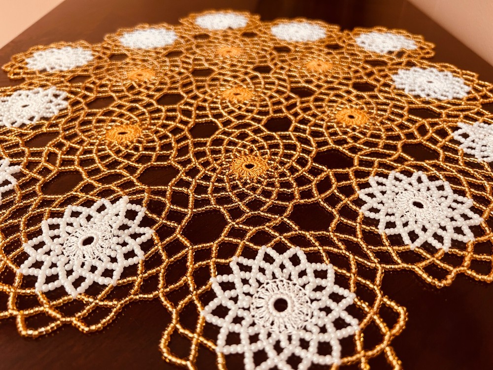 GOLD & WHITE Crochet Beaded Doily 19" HANDMADE