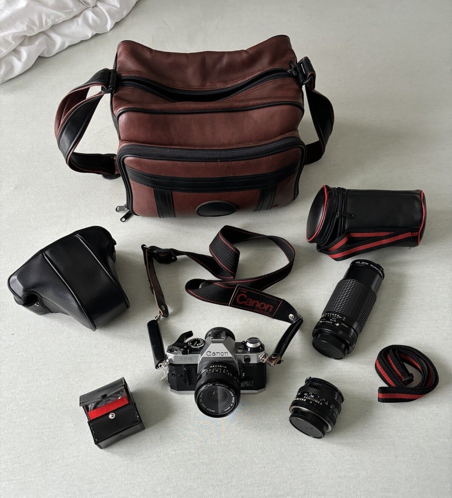 Chrome Canon AE-1 Program SLR Camera w 3 Lenses, Camera Case, Camera Bag, Filter