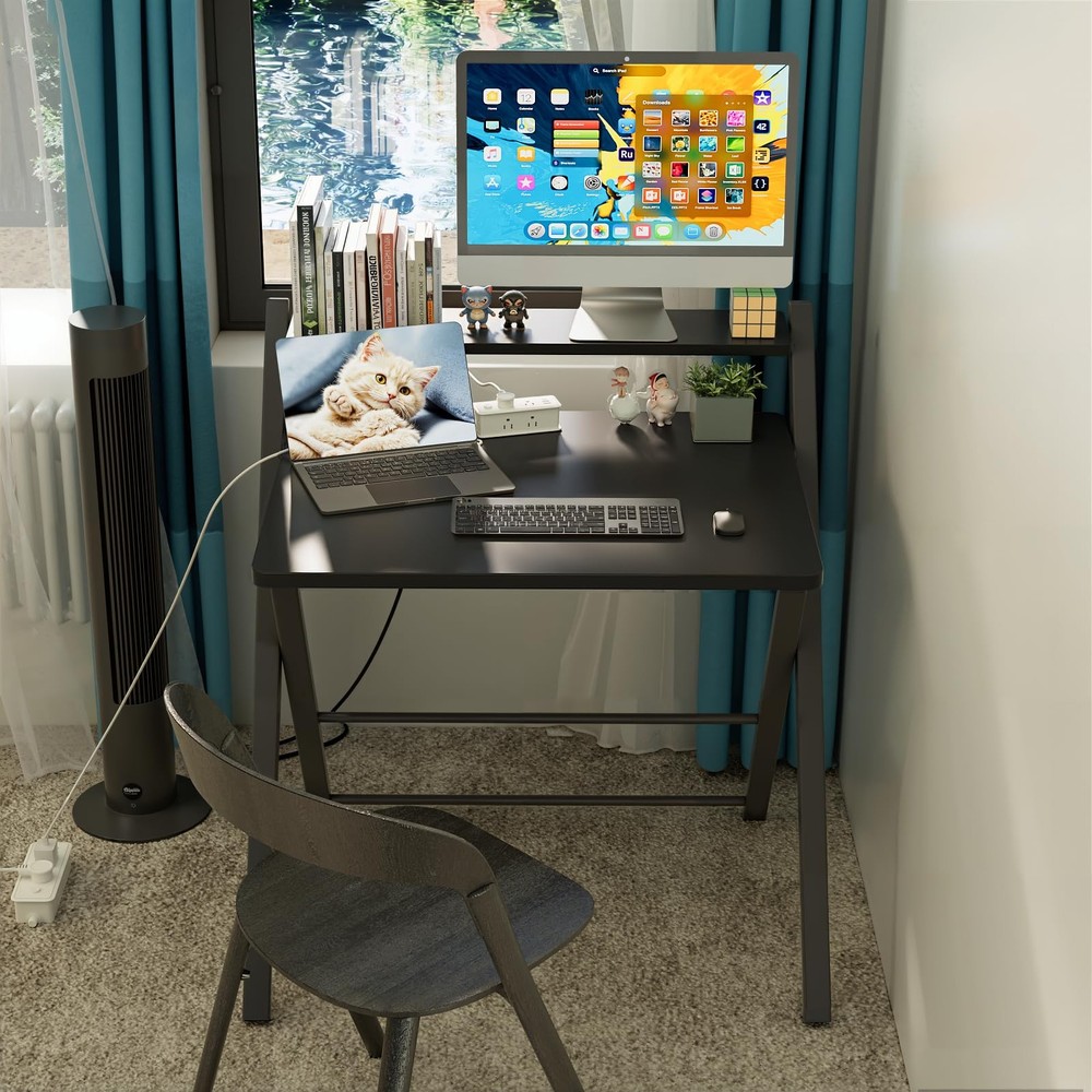 No Assembly Folding Desk, 2-Tier Compact Computer Desk with Shelf, Space Savi...
