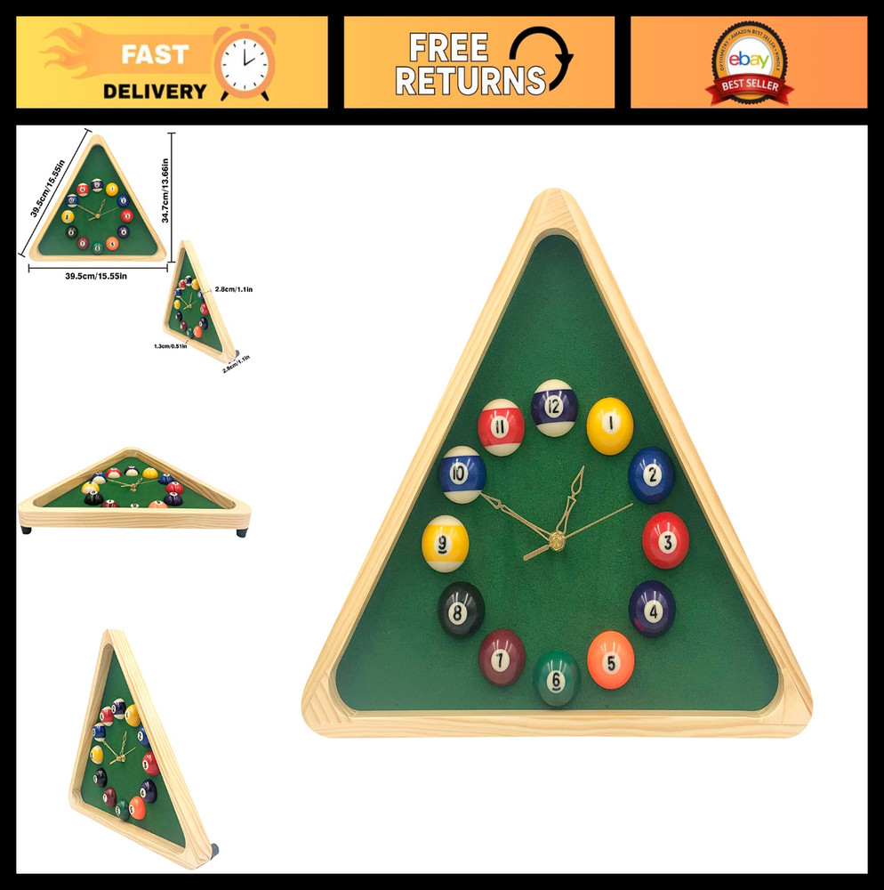 14-Inch Triangle Pool Table Wall Clock - Billiards Room Decor, Solid Wood Frame