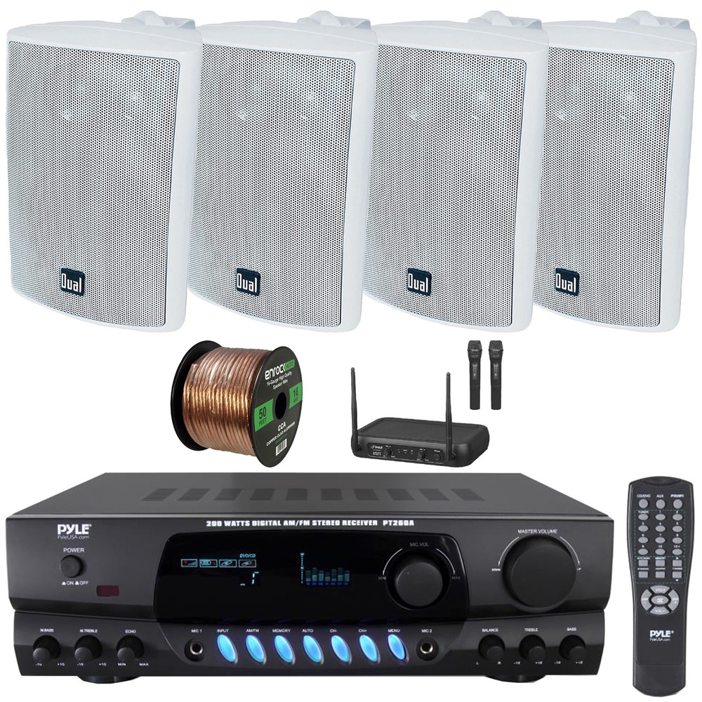 Pyle PT260A Amplifier Stereo Receiver, 4x 4" 200W 3-Way Speakers, Mic System