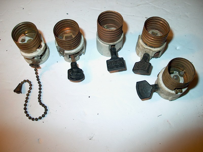 5 ANTIQUE SIGNED SOCKETS-INERTS ONLY-NO SHELLS-1 PULL CHAIN-4 PADDLE SWITCH