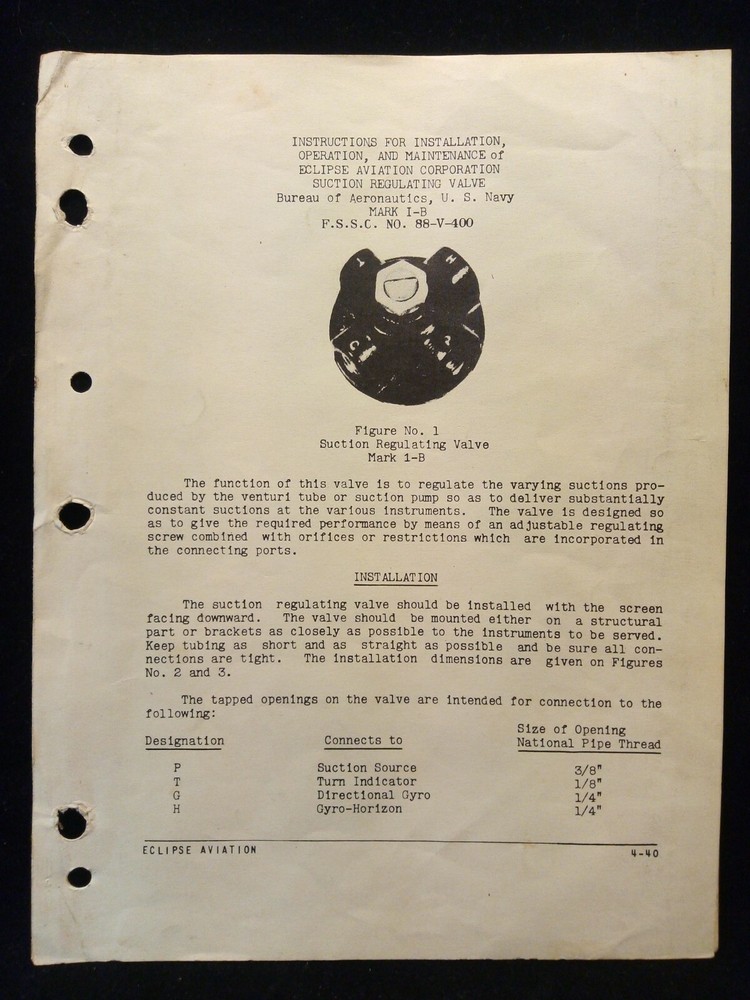 Suction Regulating Valve Mark 1-B US Navy Eclipse Aviation Bendix Instructions