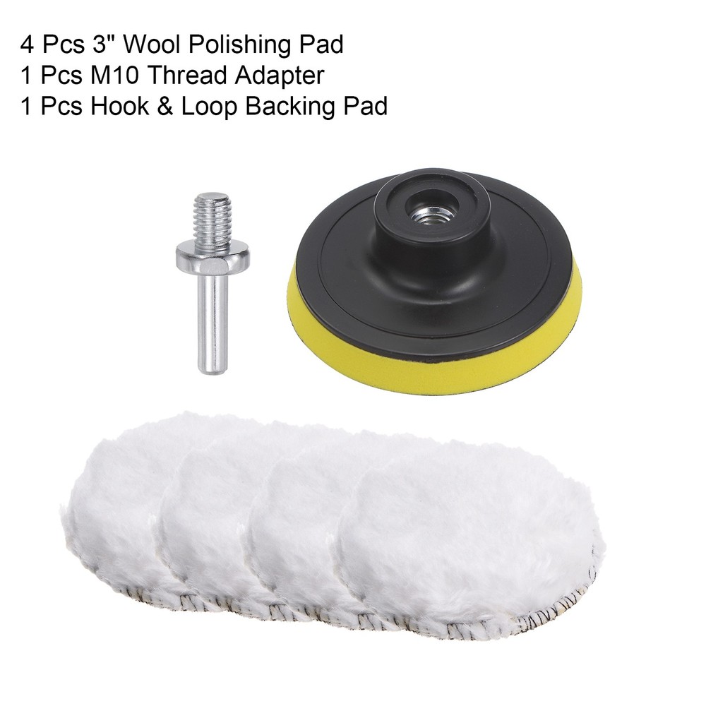 4pcs 3" Wool Buffer Polishing Pads Buffing Wheel Kit with M10 Drill Adapter