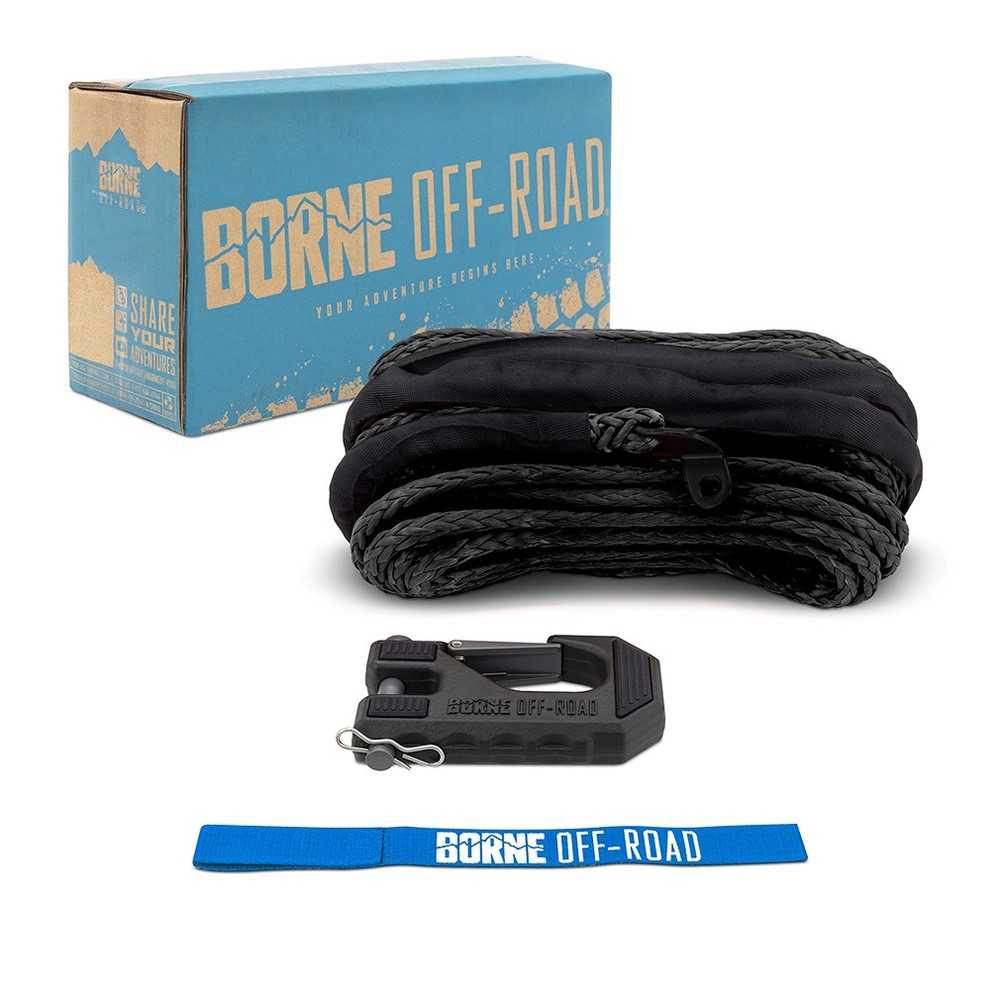 Borne Off-Road Replacement Synthetic Winch Rope,  Hook, and Tether Strap, Black