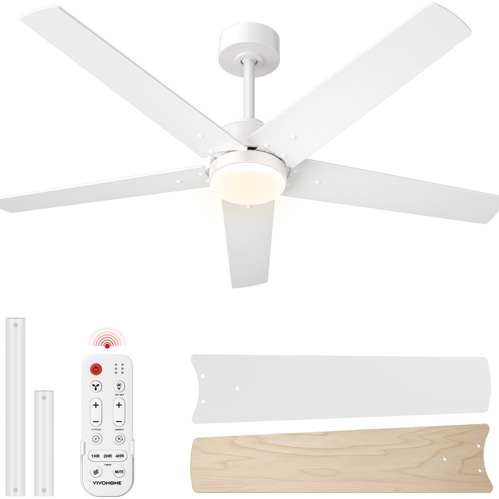 52" Ceiling Fan with Light Low Profile Flush Mount Remote Quiet 6+1 Speed White