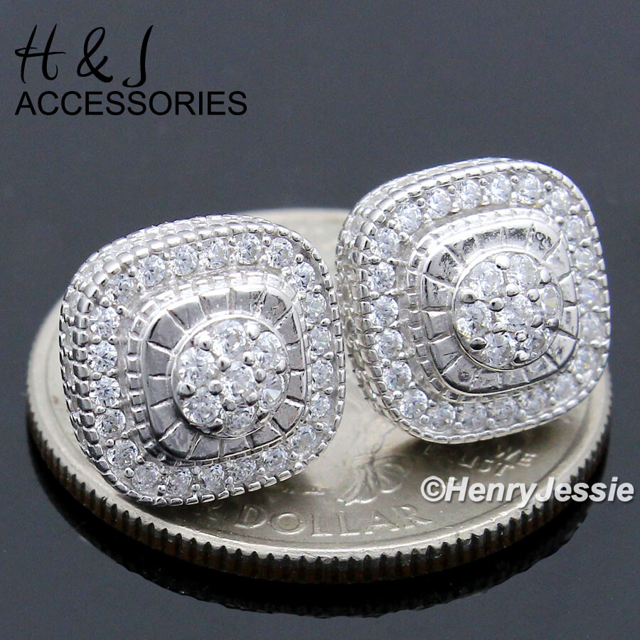 MEN SOLID 925 STERLING SILVER 11MM ICY BLING CZ SCREW BACK 3D STUD EARRING*AE216