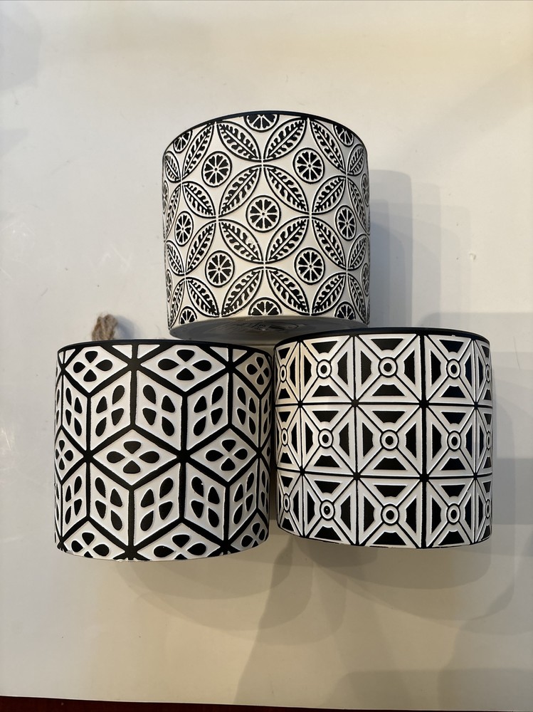 Three Ceramic Hanging Or Sill Planters With macramé B&W Designs