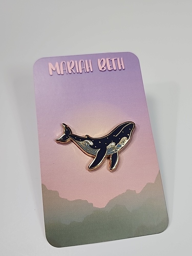 Whale Lapel Pin Night Sky Ocean Waves