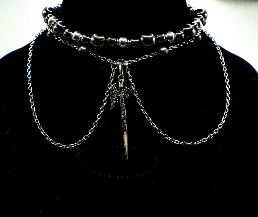 Multi Layer Chain & Beaded Choker w/ Axe Pendent 12.5”