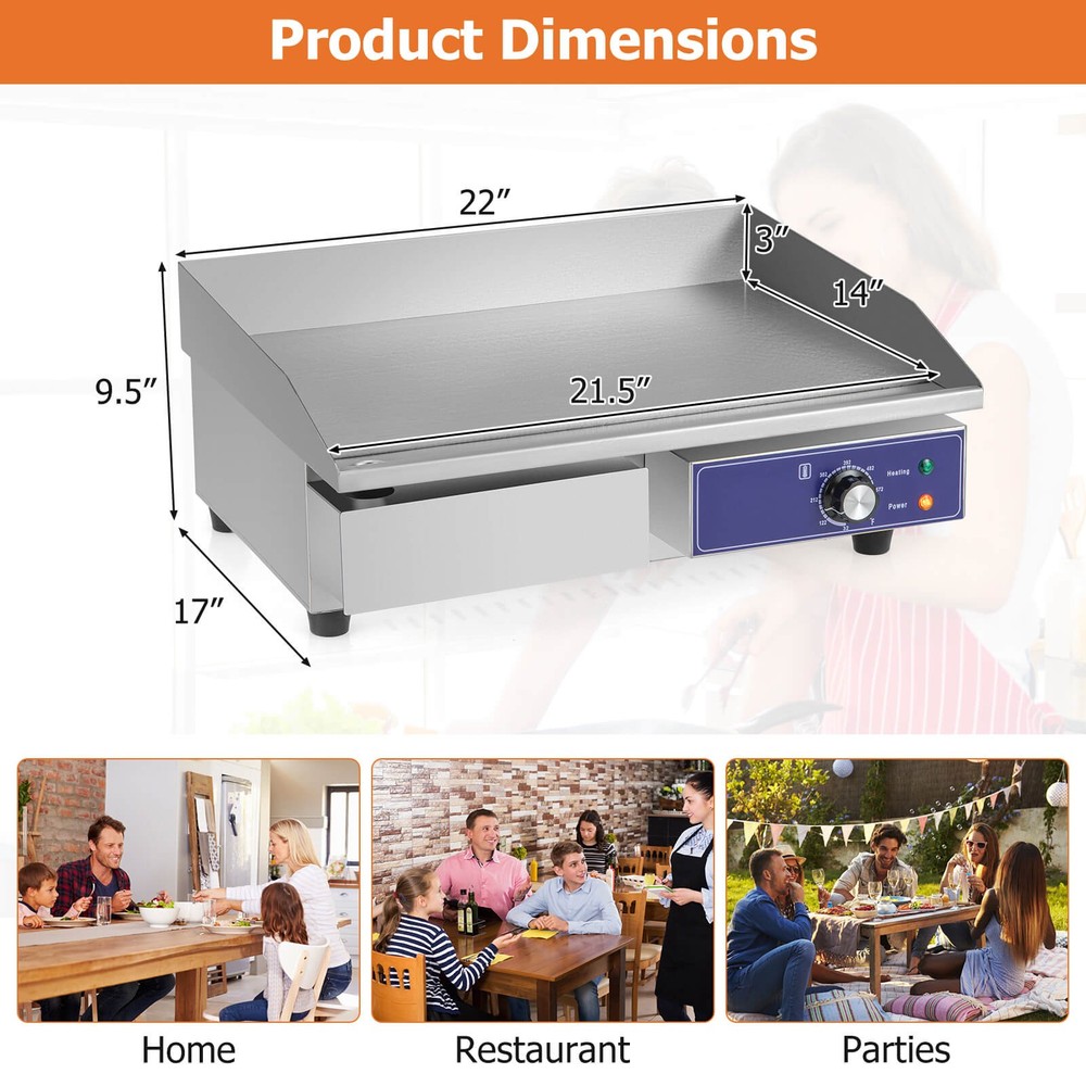 22" Commercial Electric Griddle w/ Adjustable Temperature Control 122℉-572℉