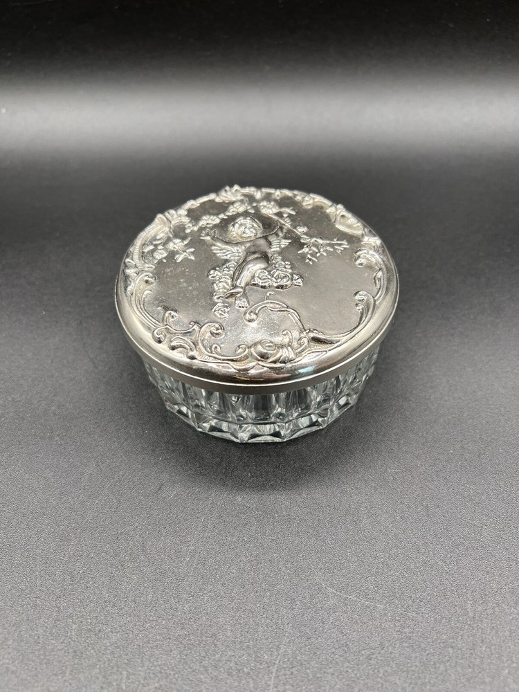 Vintage Elegance Angel, Cherub, Silver Plated Lid Vanity Dish