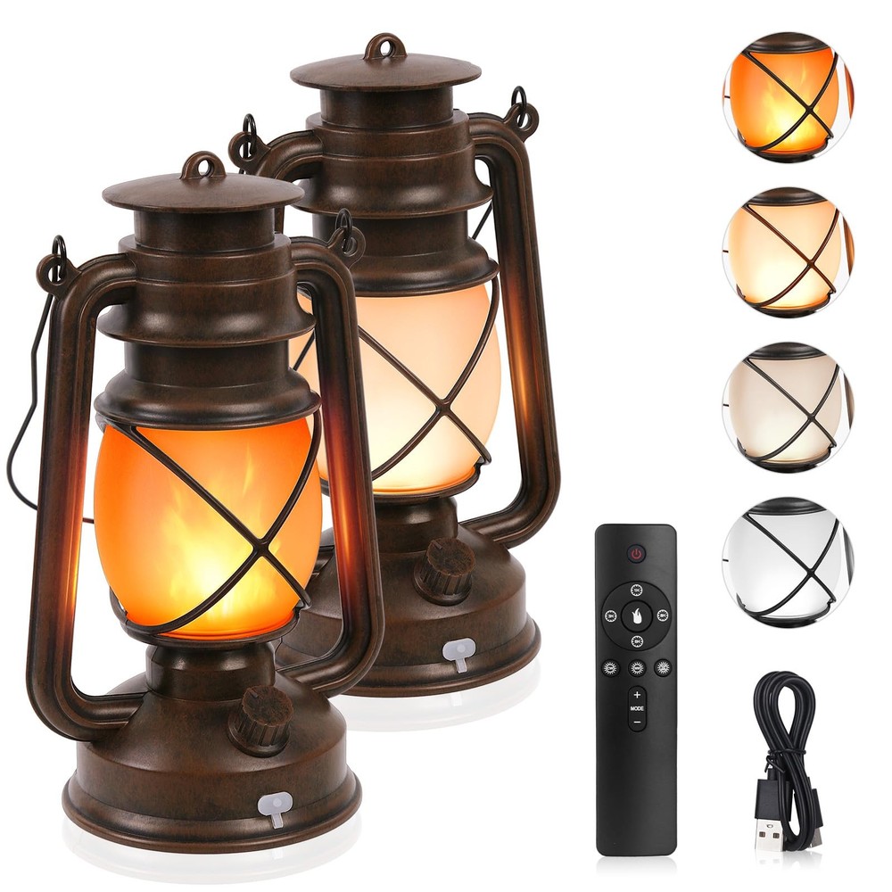 2 Pack Vintage Lantern Flickering Flame Rechargeable LED Retro Camping...