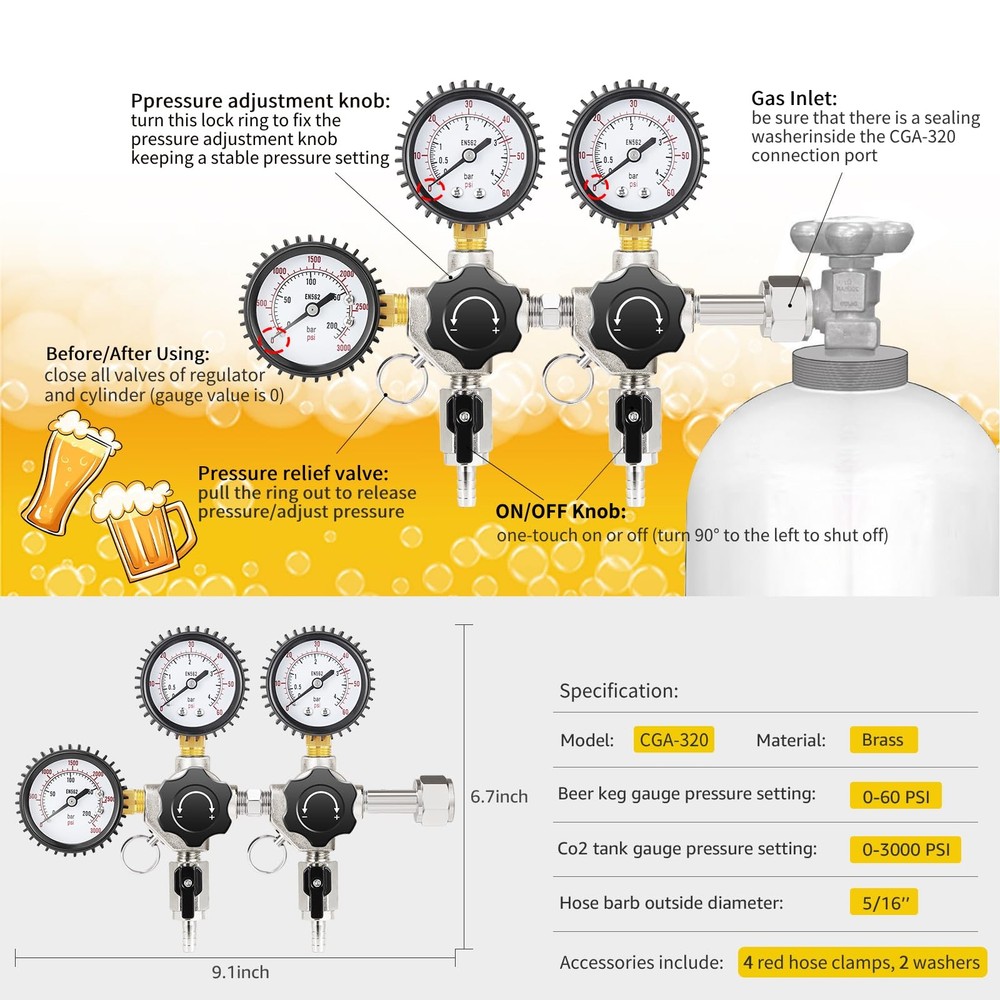 CO2 Regulator for Dual Tap Kegerator Draft Beer Tower Dispenser, Dual Keg Reg...