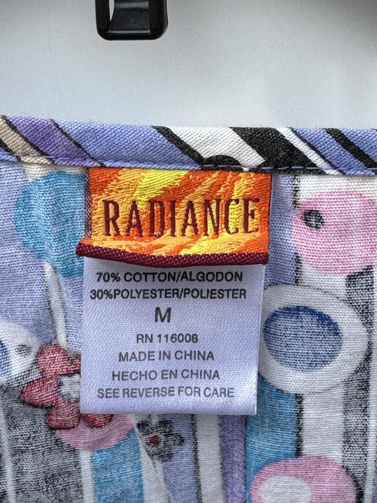 Radiance Scrub Top Double Side Pockets Rear Tie Back Blue Multicolors Medium