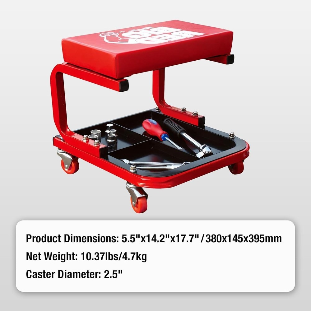 Red Rolling Automotive Creeper Seat with Tool Tray