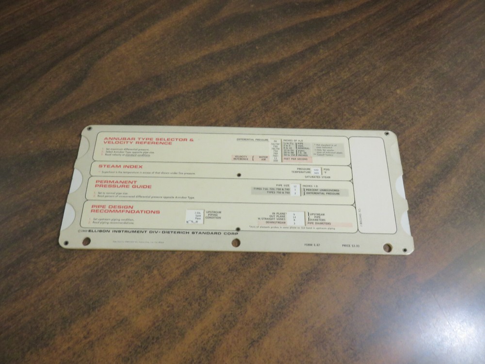 Annubar Flow Engineering Calculator Form E-87 1969 Ellison Instrument Div