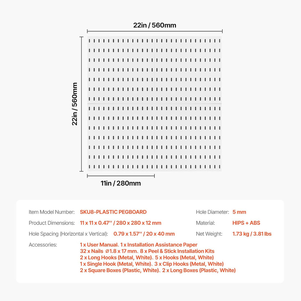 Pegboard Combination Kit, 11" X 11" Plastic Pegboard, 4 Panels, Peg Board Wall O