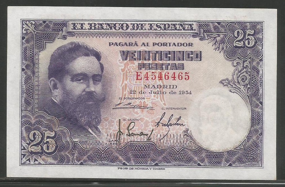 Spain P-147 25 Pesetas 1954 Unc