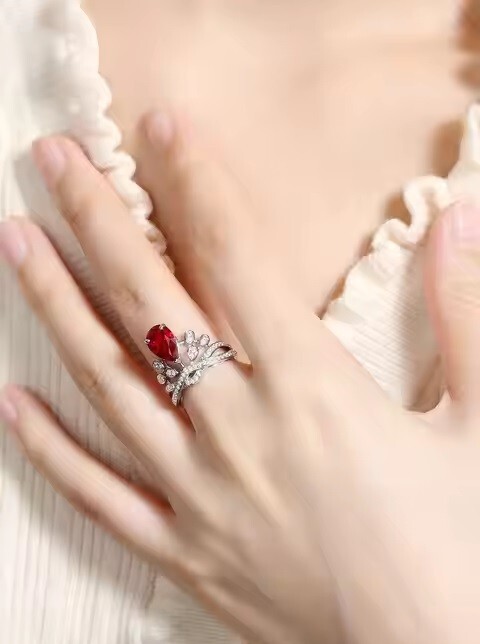 Lab Created Pear Cut Ruby & Diamond 14K White Gold Plated Women Engagement Ring