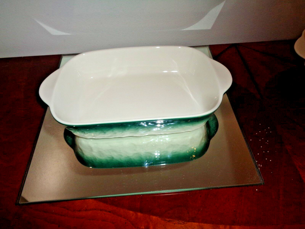 Set of 2 Green & Gray Ceramic Rectangular Baking Roasting Stackable Pan 9X5.5X1"