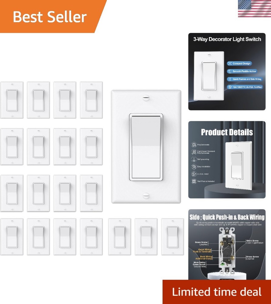 3 Way Decorator Light Switch with Wall Plates, 15A 120/277V Decora Three Way ...