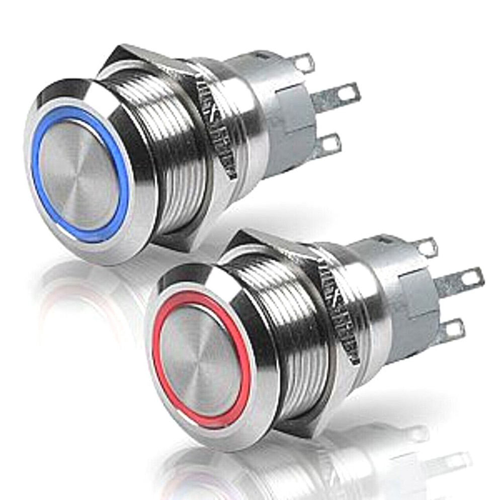 LED ON/OFF Stainless Steel Push Button Panel Mount Switch w/Harness